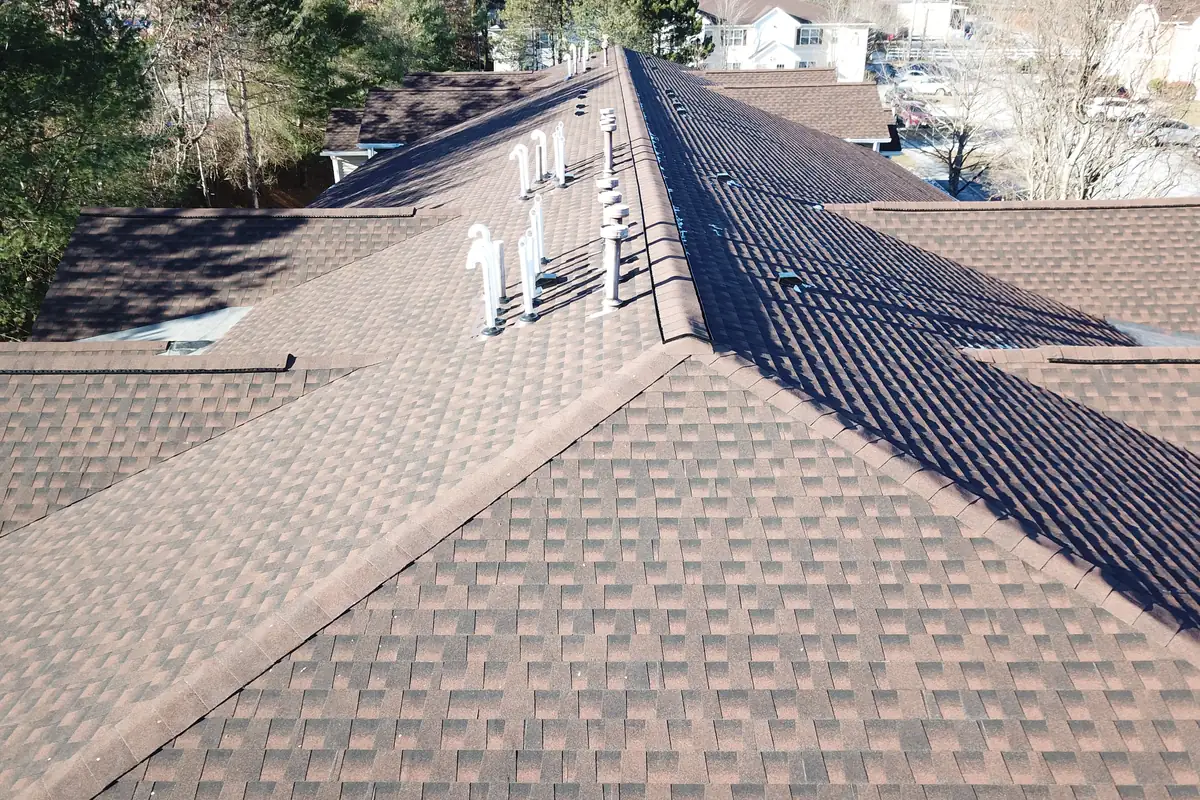 Aerial detail of newly installed architectural asphalt shingles