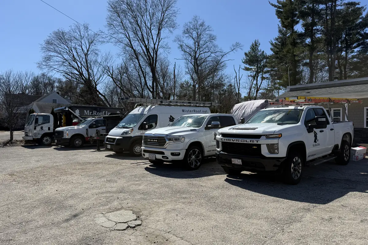 Mister Roof service vehicles at the Attleboro facility