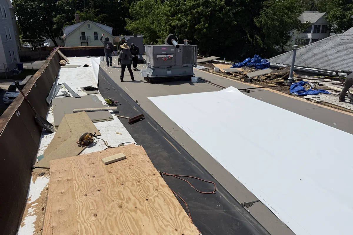 New commercial roof membrane installed during a Pawtucket flat roof project